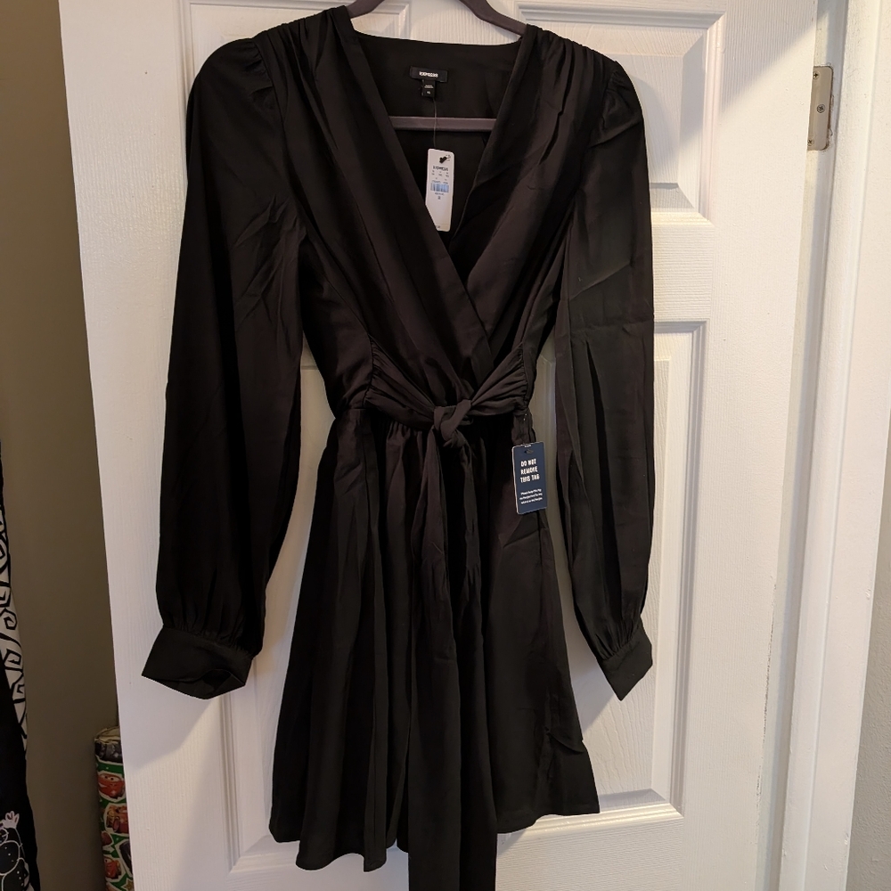 V-Neck Surplice Long Sleeve Tie Waist Mini Dress Express size Xs NWT